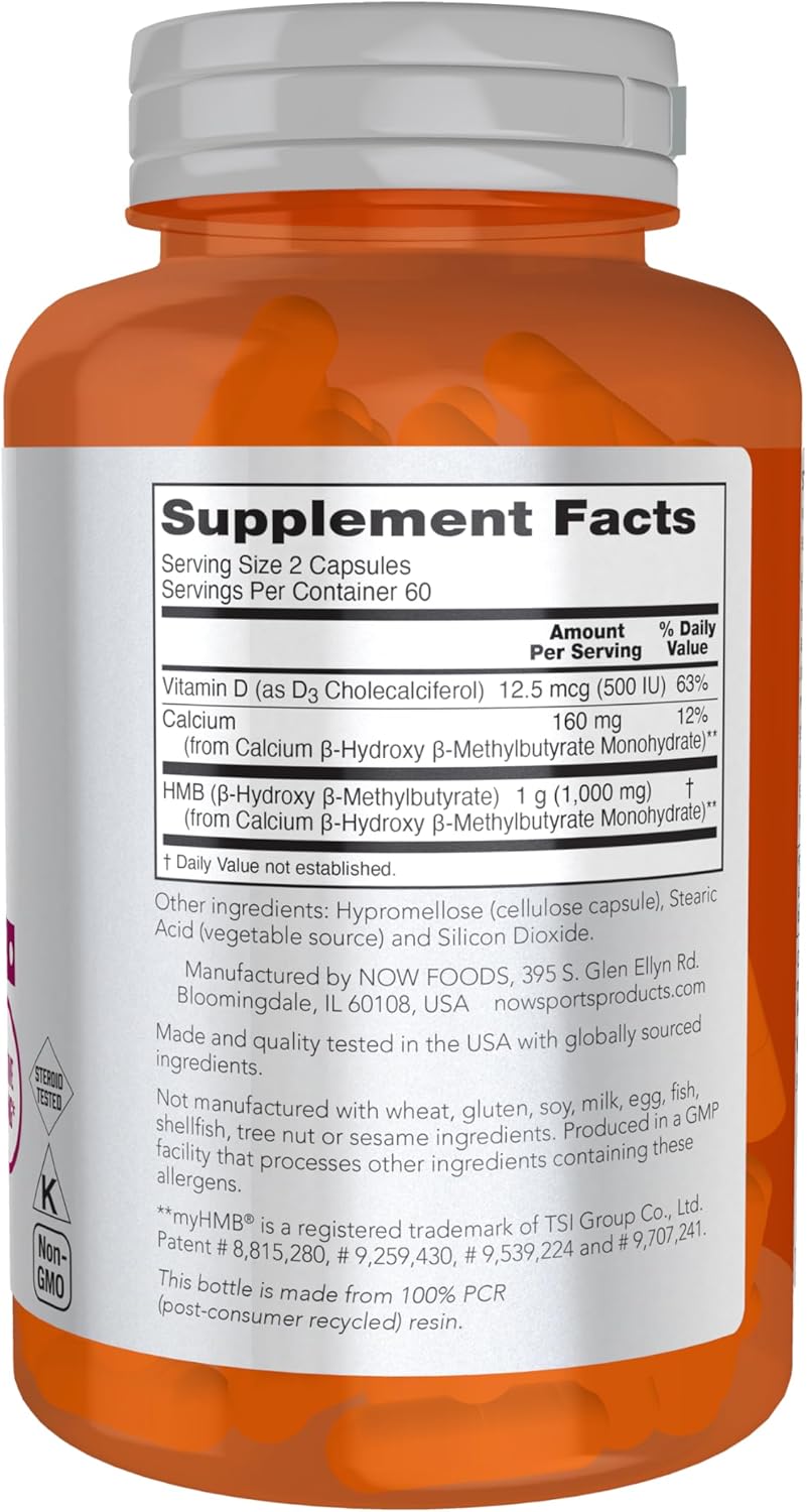 NOW Foods HMB (β-Hydroxy β-Methylbutyrate) 500 mg Veg Capsules for Sports Recovery - 120 Count
