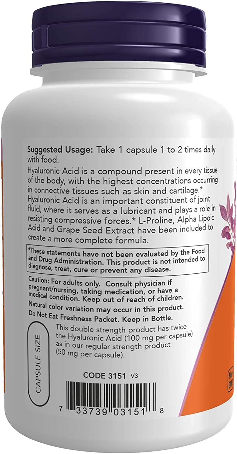 Now Foods Hyaluronic Acid 100mg - 240 Vegan Capsules for Healthy Skin & Joints