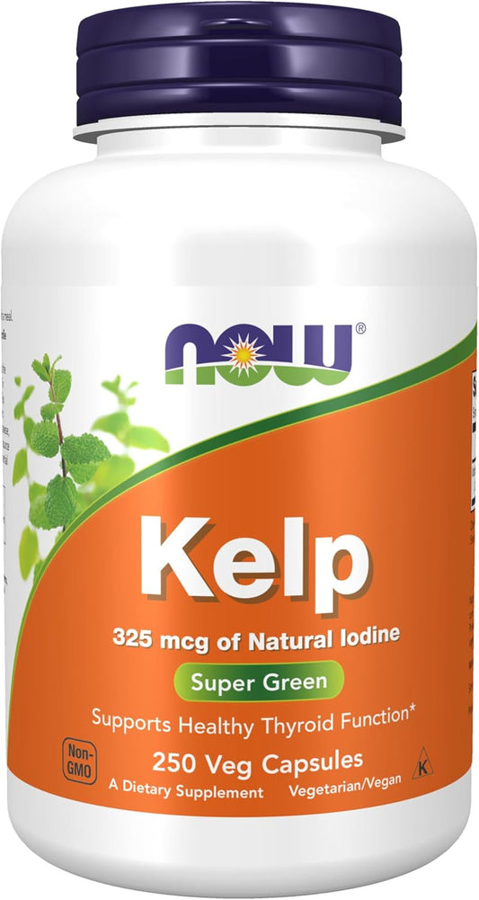 NOW Foods Kelp Supplements - 325 mcg Natural Iodine for Healthy Thyroid Function - Super Green Veg Capsules - 250 Count