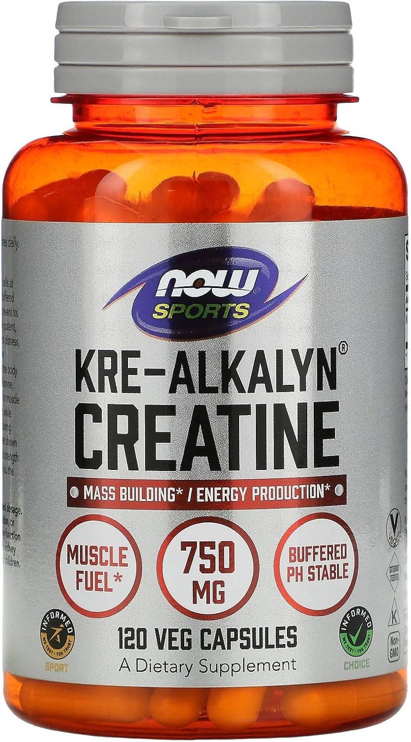 NOW Foods Kre-Alkalyn Creatine 750mg Veg Capsules for Mass Building and Energy Production - 120 Count