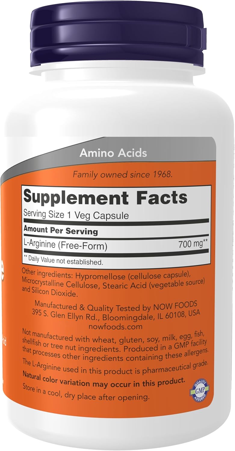 NOW Foods L-Arginine 700mg Capsules - Nitric Oxide Booster - Amino Acid Supplement - 180 Veg Caps