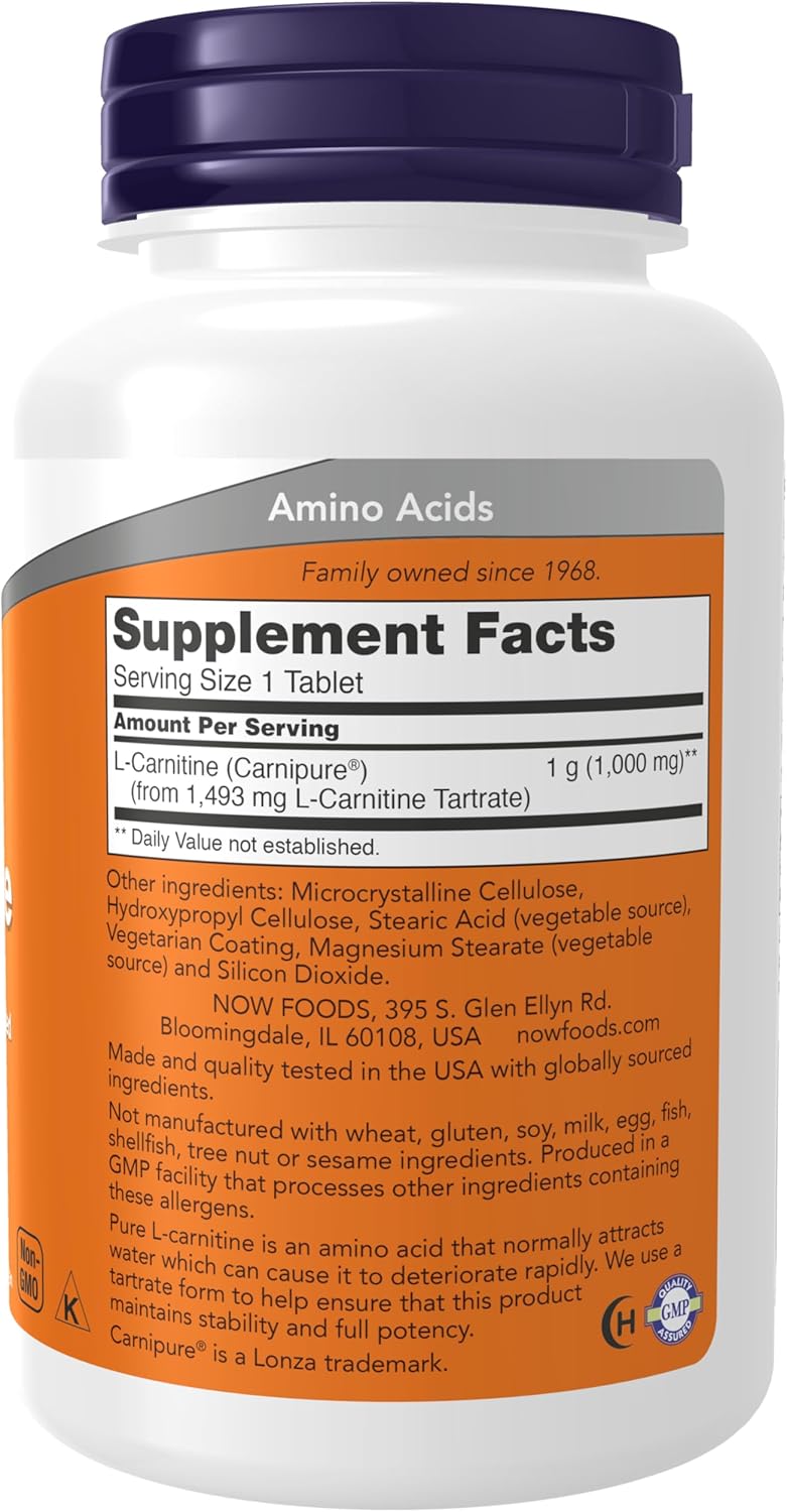 NOW Foods L-Carnitine 1,000 mg Tablets - Purest Form Amino Acid Supplement for Fitness Support