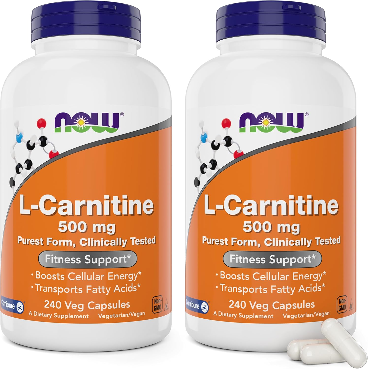 NOW Foods L-Carnitine 500 mg - 240 Veg Capsules x 2 Pack - Energy & Metabolism Support