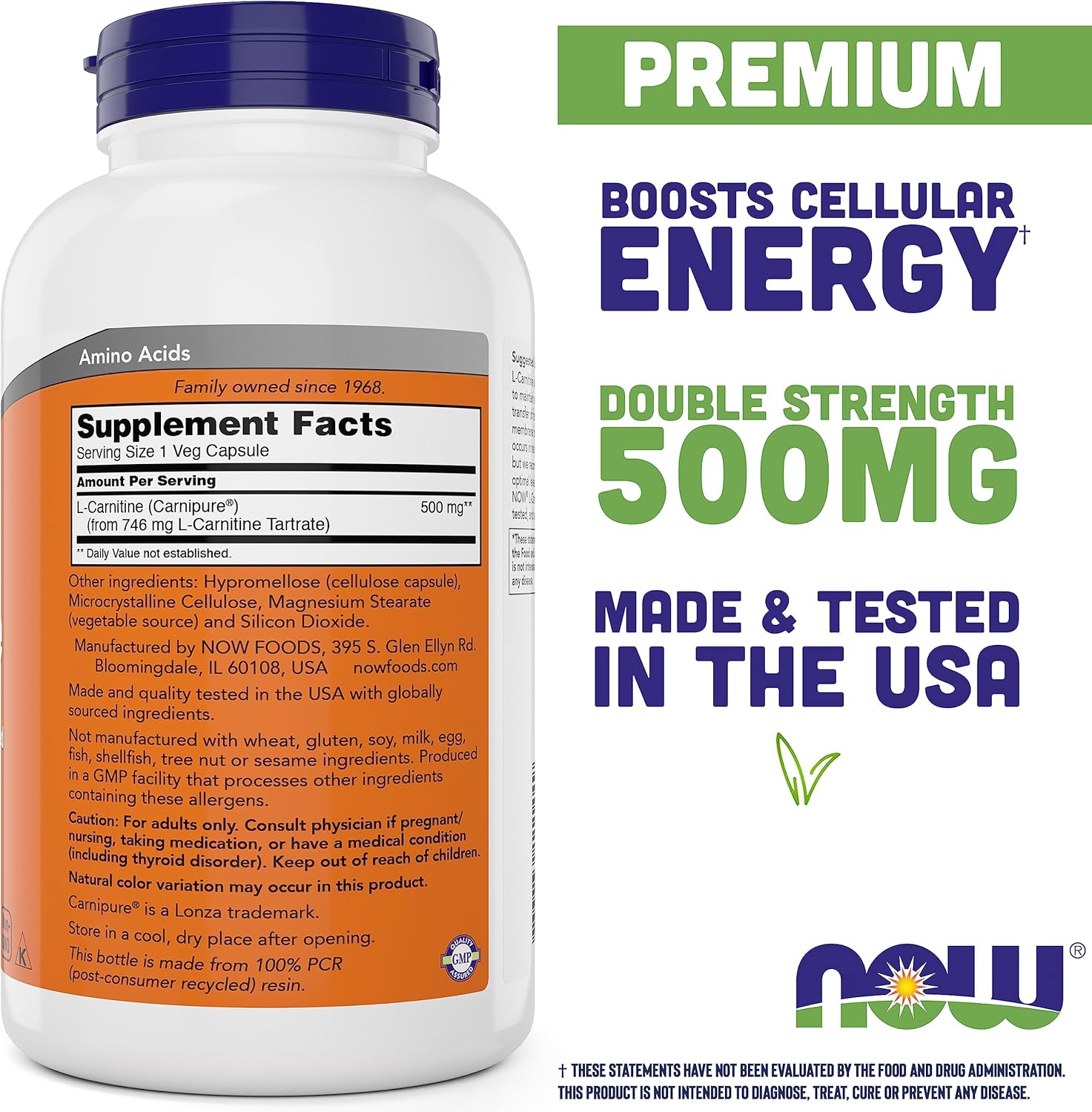 NOW Foods L-Carnitine 500 mg - 240 Veg Capsules x 2 Pack - Energy & Metabolism Support