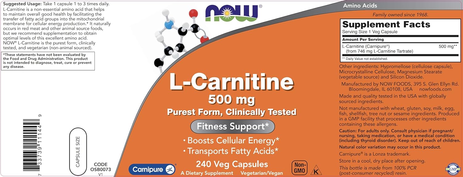 NOW Foods L-Carnitine 500 mg - 240 Veg Capsules x 2 Pack - Energy & Metabolism Support