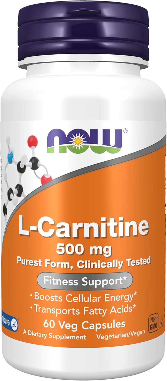 NOW Foods L-Carnitine 500mg Veg Capsules - Purest Form Amino Acid Supplement for Fitness Support - 60 Caps