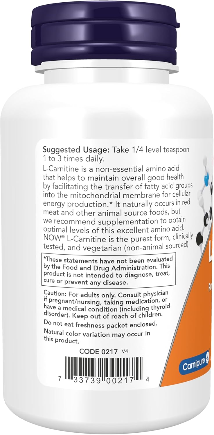 NOW Foods L-Carnitine Tartrate Pure Powder Supplement - Boost Cellular Energy - 3-Ounce Amino Acid Powder