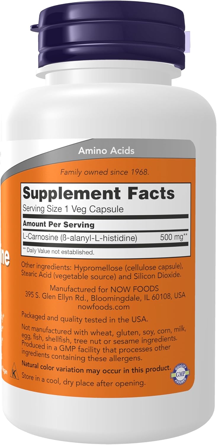 NOW Foods L-Carnosine 500mg Veg Capsules for Healthy Aging - 100 Count
