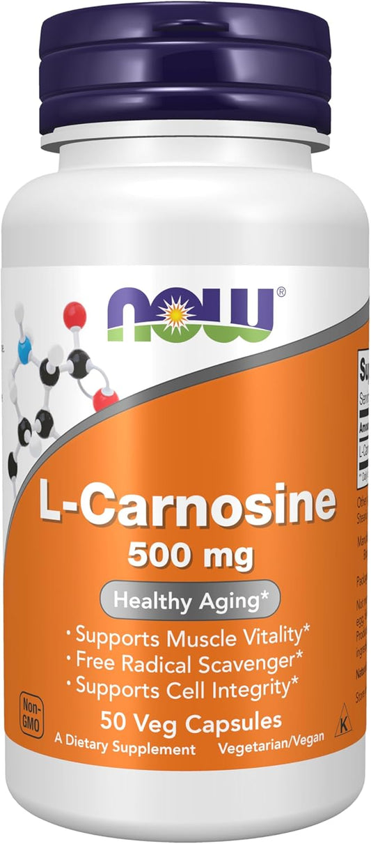 NOW Foods L-Carnosine Supplements 500mg - Promotes Healthy Aging - 50 Veg Capsules