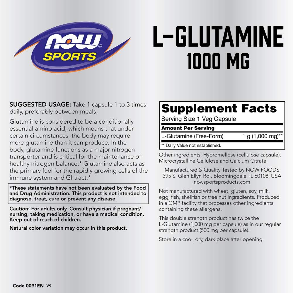 Now Foods L-Glutamine 1000 mg - 240 Capsules for Muscle Recovery and Immune Support