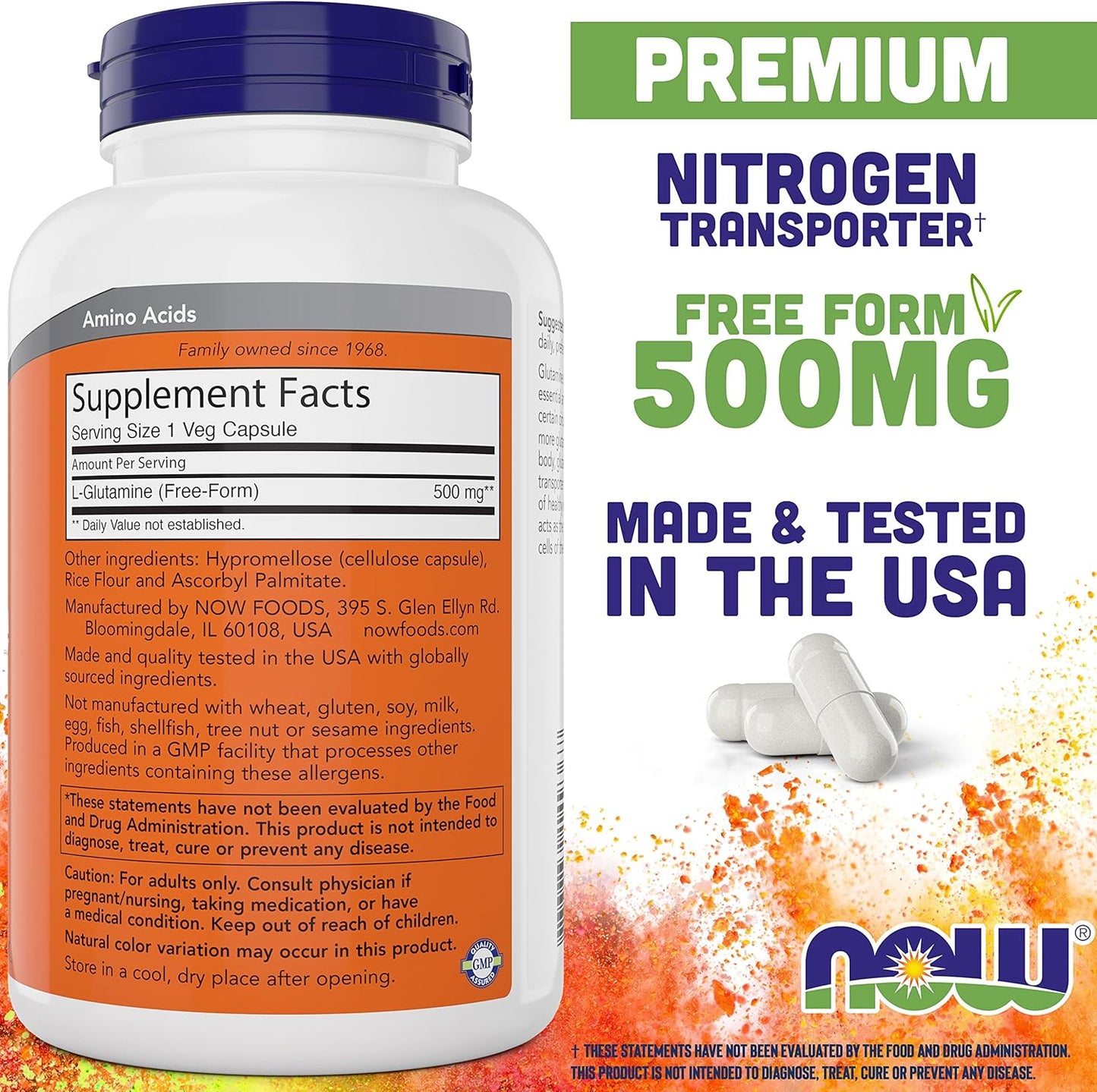 NOW Foods L-Glutamine 500mg - 300 Vegan Capsules - Non-GMO Supplement