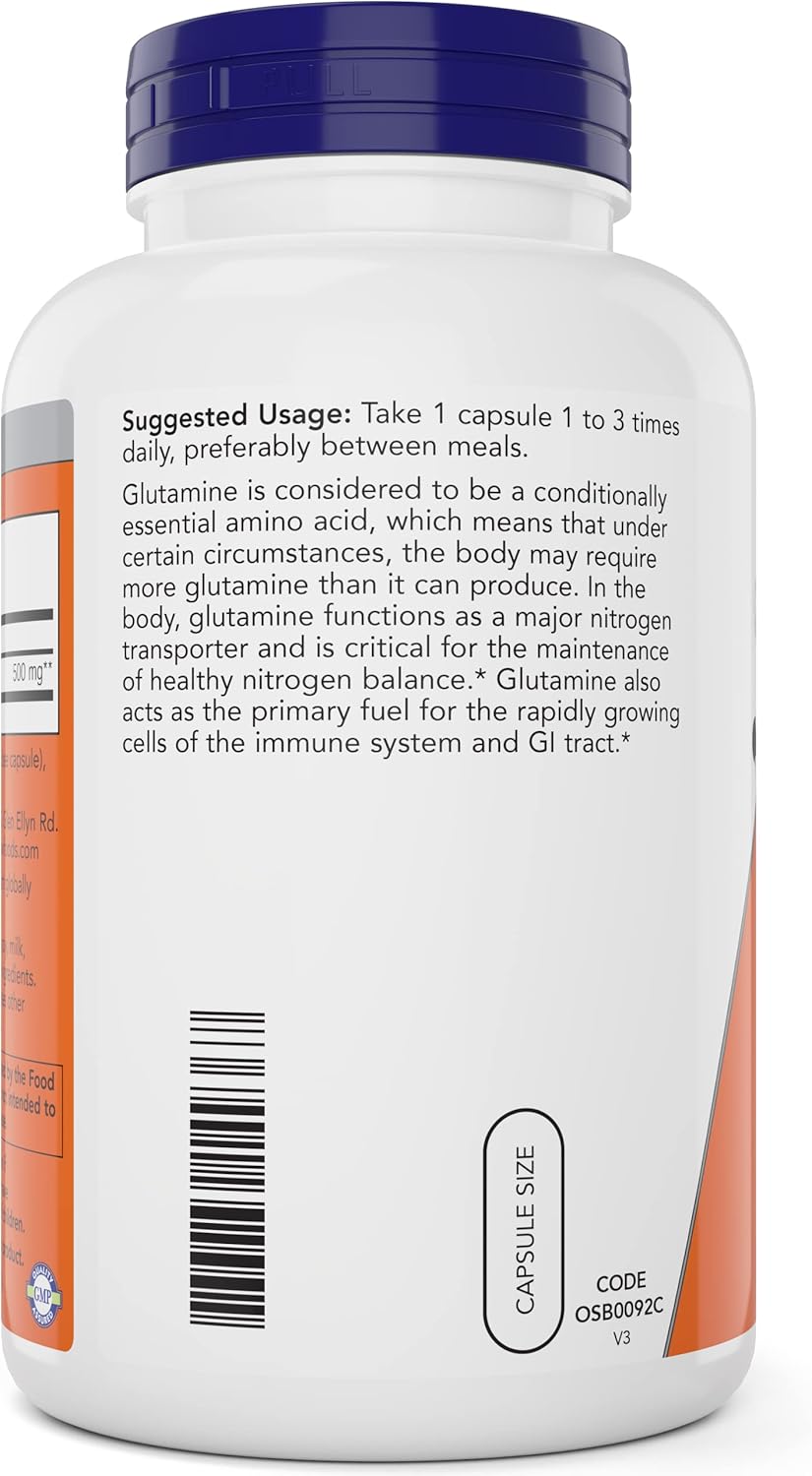 NOW Foods L-Glutamine 500mg - 300 Vegan Capsules - Non-GMO Supplement