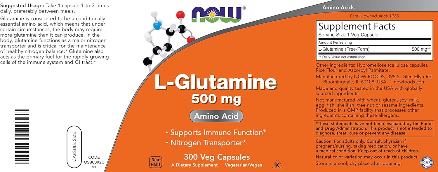 NOW Foods L-Glutamine 500mg - 300 Vegan Capsules - Non-GMO Supplement