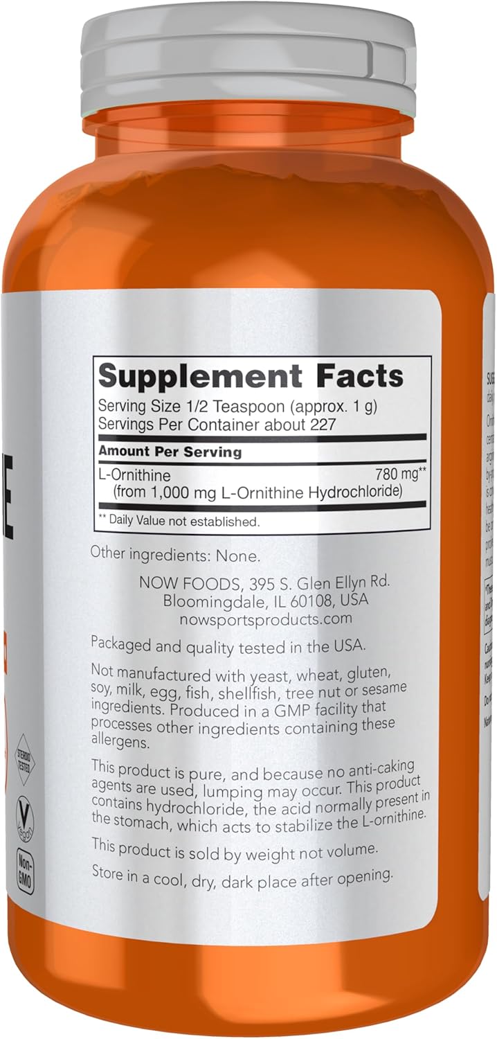 NOW Foods L-Ornithine Powder for Protein Metabolism and Urea Detox - Amino Acids Supplement, 8 oz