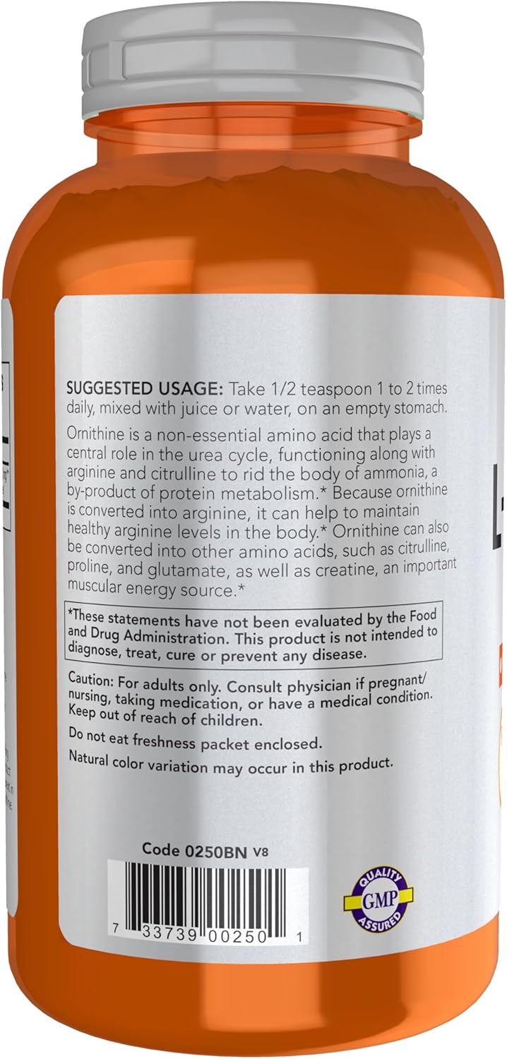 NOW Foods L-Ornithine Powder for Protein Metabolism and Urea Detox - Amino Acids Supplement, 8 oz