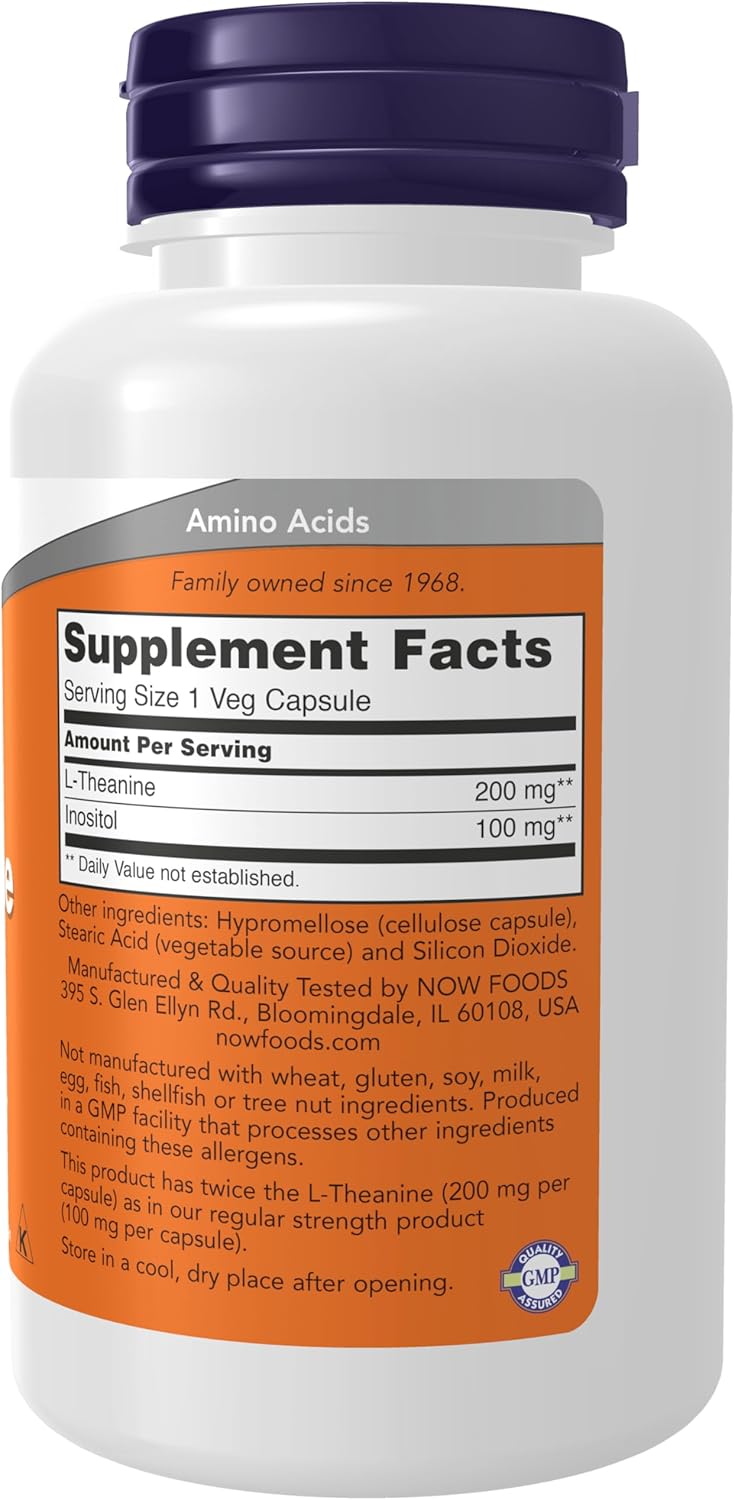 NOW Foods L-Theanine with Inositol 200mg Capsules for Stress Management - 120 Count