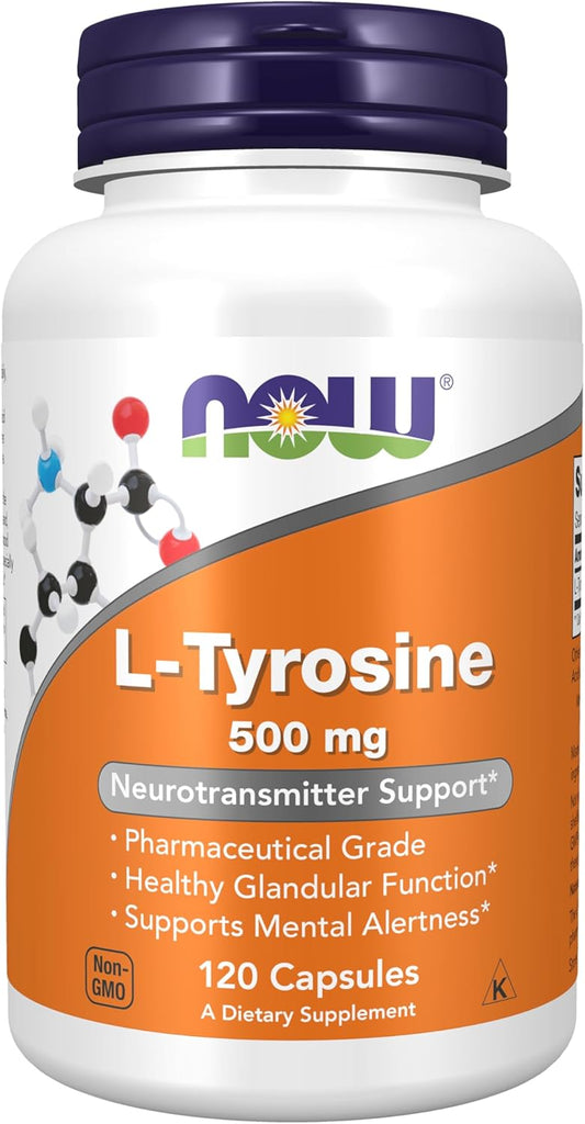 NOW Foods L-Tyrosine 500mg Capsules for Mental Alertness and Neurotransmitter Support - 120 Count