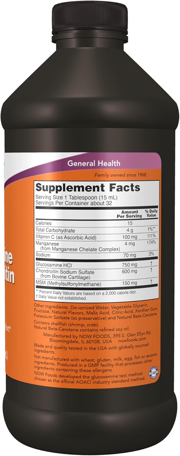 NOW Foods Liquid Glucosamine & Chondroitin with MSM Supplement for Joint Health and Mobility, 16-Ounce Bottle