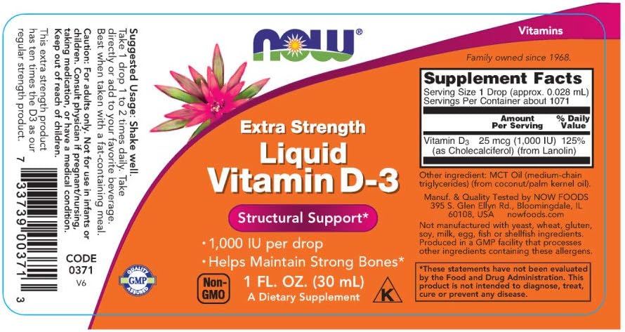 NOW Foods Liquid Vitamin D3 Extra Strength - 1000 IU - 1 fl oz - High Potency Vitamin D Supplement