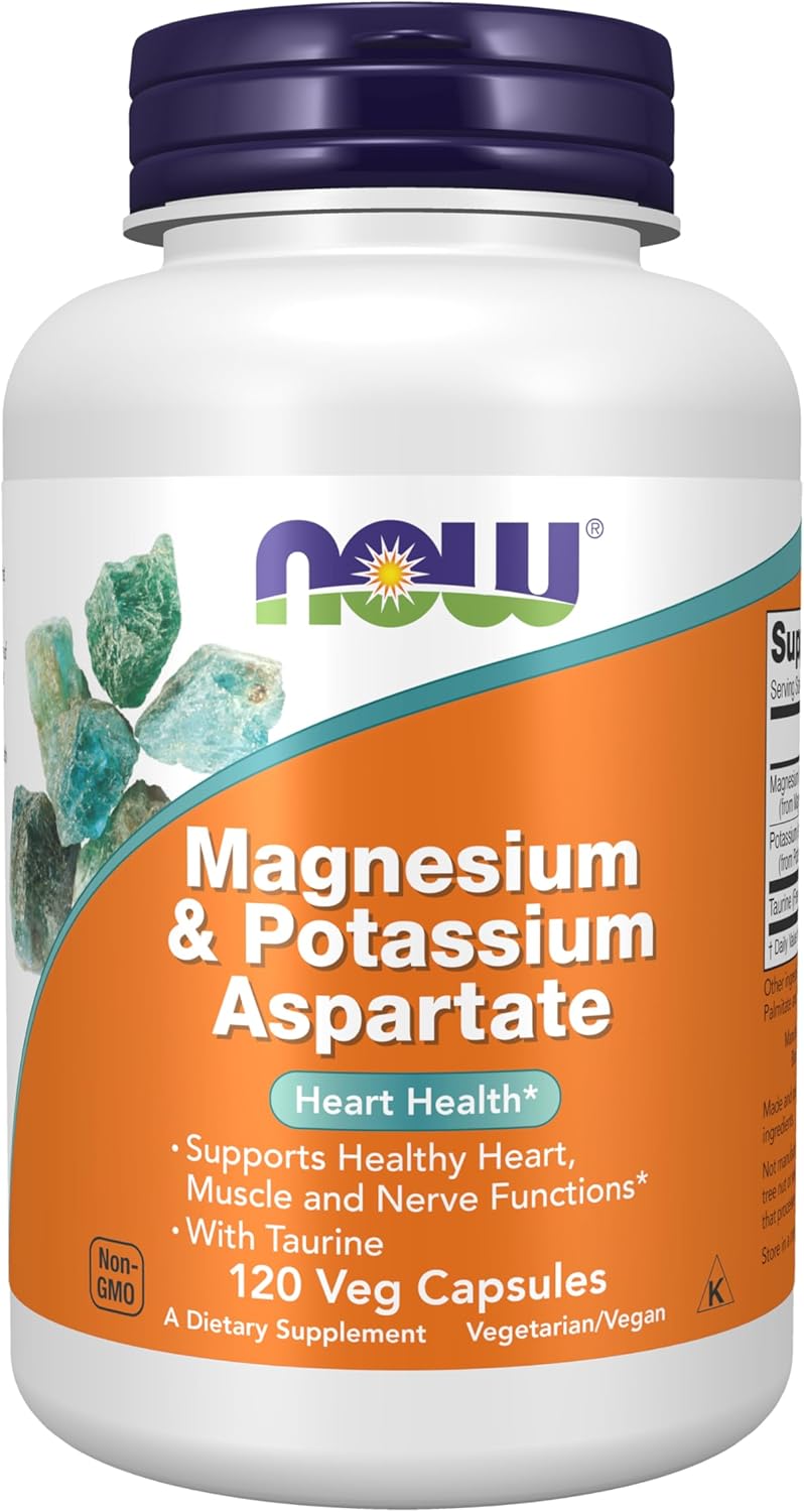 NOW Foods Magnesium & Potassium Aspartate with Taurine Supplements for Heart Health - 120 Veg Capsules
