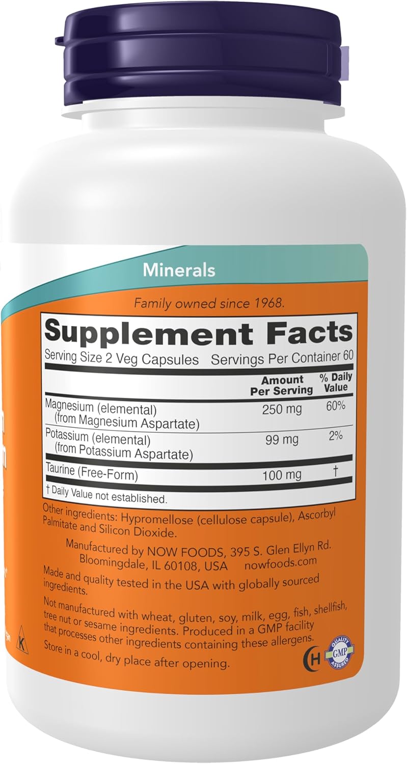 NOW Foods Magnesium & Potassium Aspartate with Taurine Supplements for Heart Health - 120 Veg Capsules