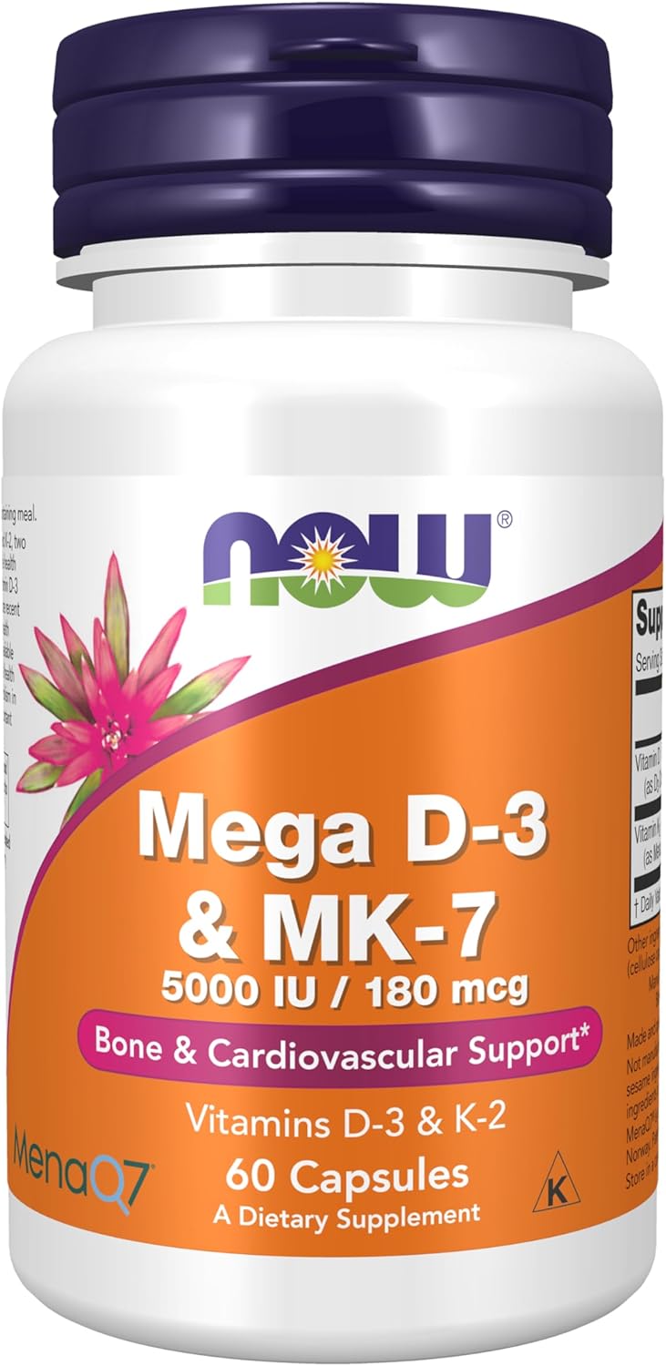 NOW Foods Mega D-3 & MK-7 Supplements, 5,000 IU/180 mcg, Bone & Cardiovascular Support, 60 Veg Capsules