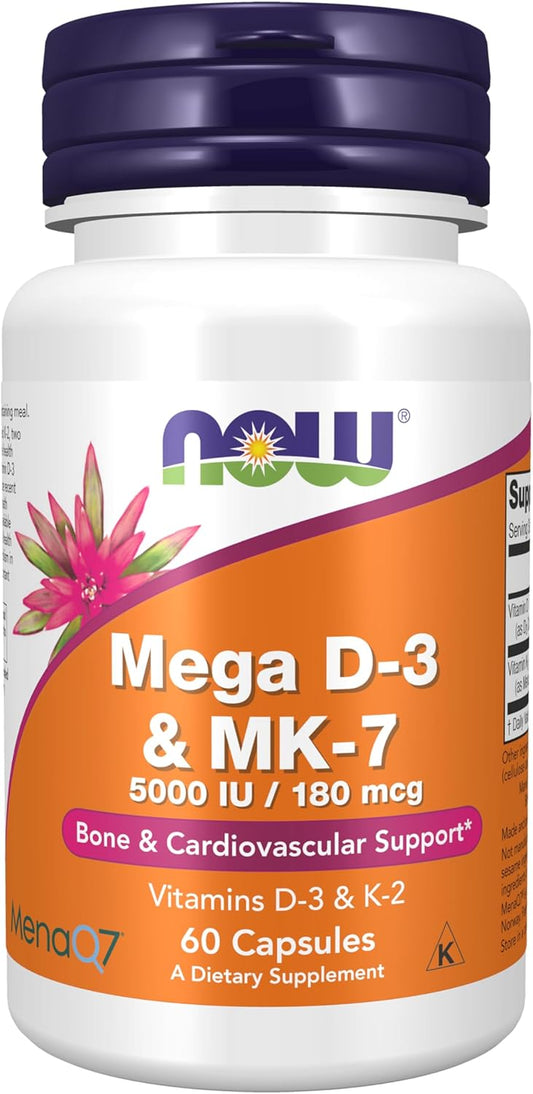 NOW Foods Mega D-3 & MK-7 Supplements, 5,000 IU/180 mcg, Bone & Cardiovascular Support, 60 Veg Capsules