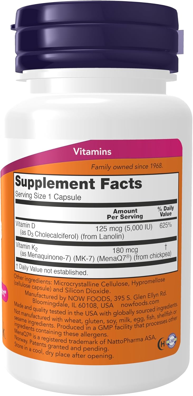 NOW Foods Mega D-3 & MK-7 Supplements, 5,000 IU/180 mcg, Bone & Cardiovascular Support, 60 Veg Capsules
