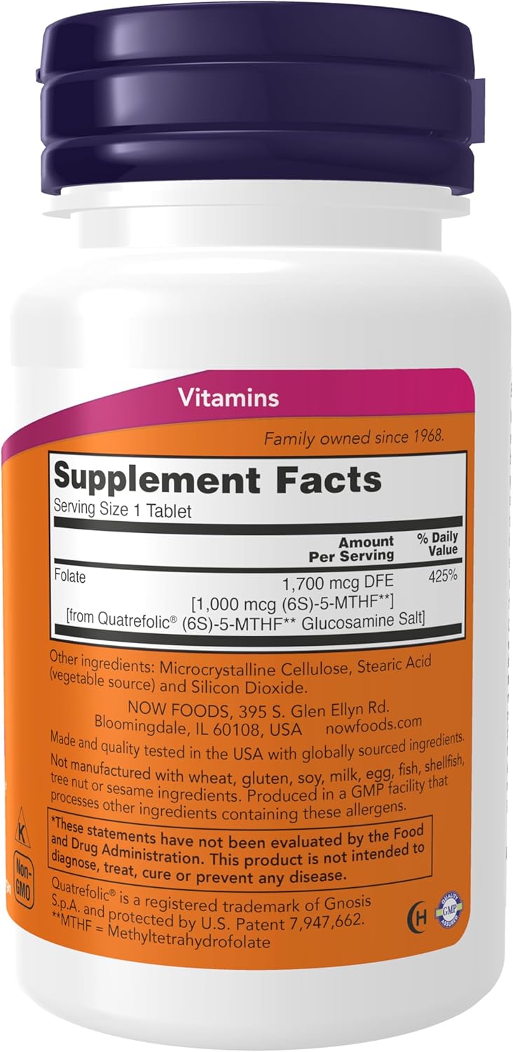 NOW Foods Methyl Folate 1000mcg Tablets - Metabolically Active Folate - Co-Enzyme B Vitamin - 90 Count