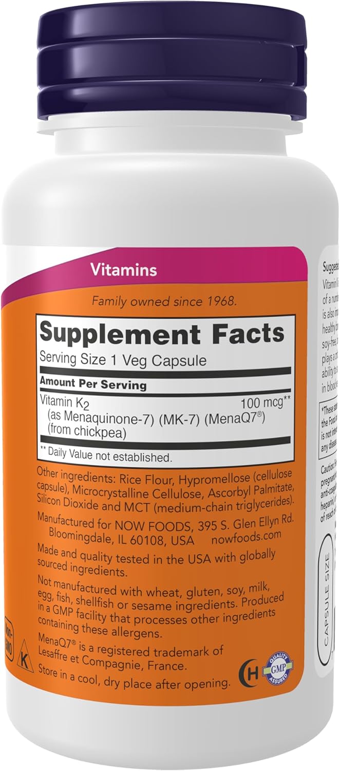 NOW Foods MK-7 Vitamin K-2 100 mcg - Cardiovascular & Bone Health Support - 120 Veg Capsules