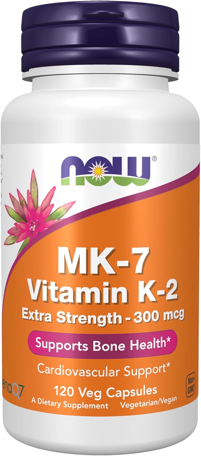 NOW Foods MK-7 Vitamin K-2 300mcg Supplement for Cardiovascular and Bone Health - 120 Veg Capsules