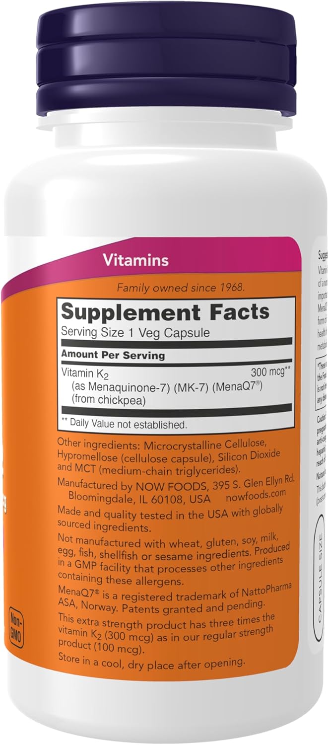 NOW Foods MK-7 Vitamin K-2 300mcg Supplement for Cardiovascular and Bone Health - 120 Veg Capsules