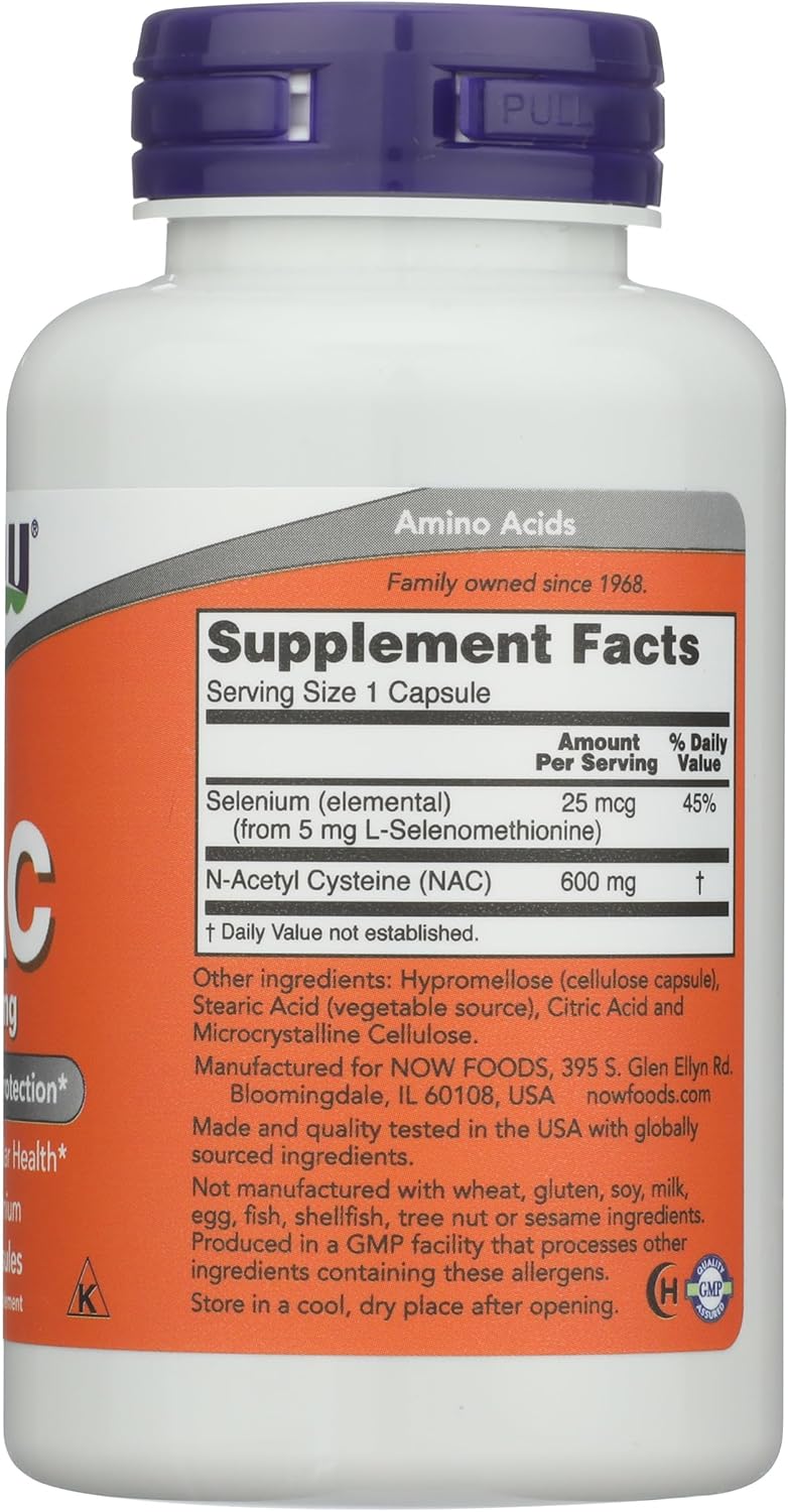 Now Foods NAC 600mg Capsules, 100 Count - N-Acetyl Cysteine Dietary Supplement