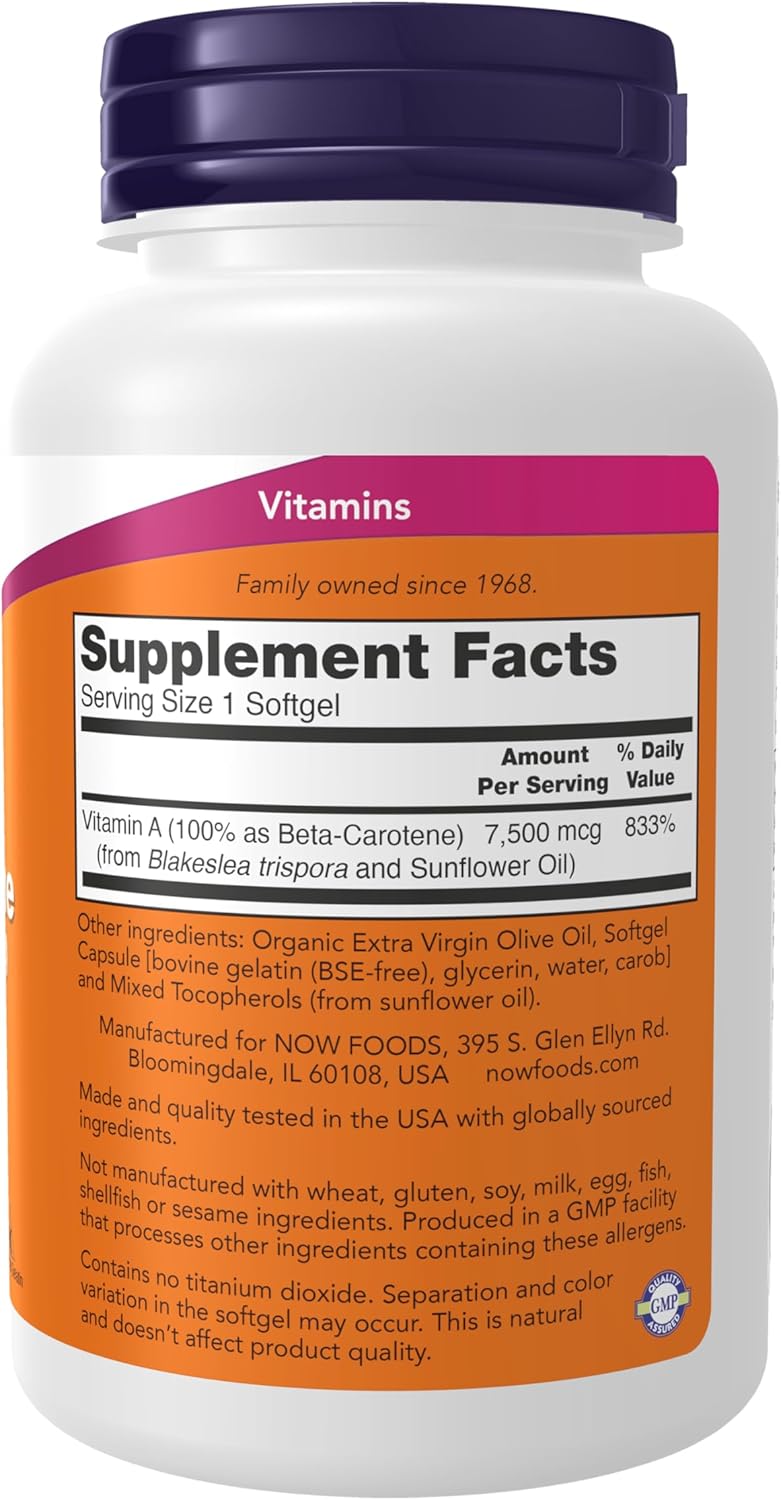 NOW Foods Natural Beta Carotene 25,000 IU Supplements - 180 Softgels for Essential Nutrition