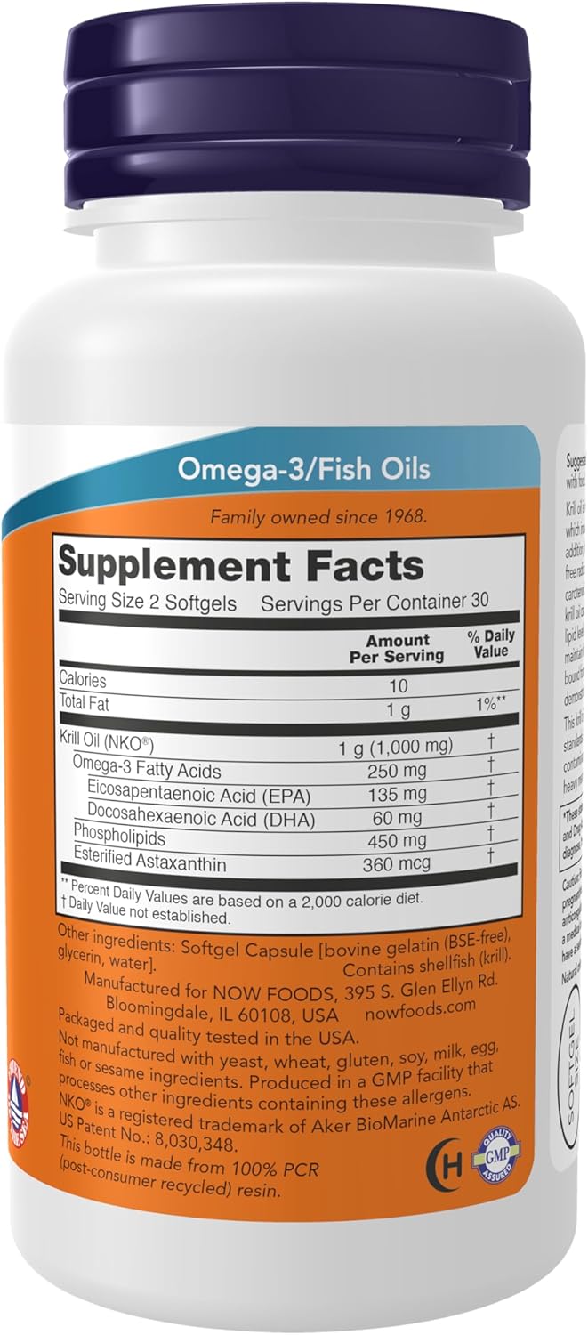 NOW Foods Neptune Krill Oil 500 mg Softgels for Cardiovascular Support - Omega-3 Phospholipid Formula (60 ct)