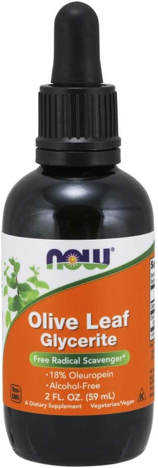 NOW Foods Olive Leaf Glycerite Liquid Supplement - 18% Oleuropein - Free Radical Scavenger - 2-Ounce Bottle with Dropper