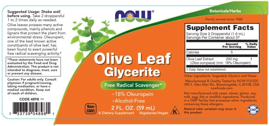NOW Foods Olive Leaf Glycerite Liquid Supplement - 18% Oleuropein - Free Radical Scavenger - 2-Ounce Bottle with Dropper