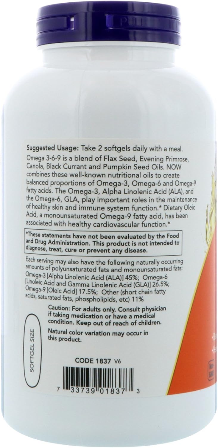 NOW Foods Omega 3-6-9 Softgels, 1000 mg, 2-Pack, 500 Total Softgels