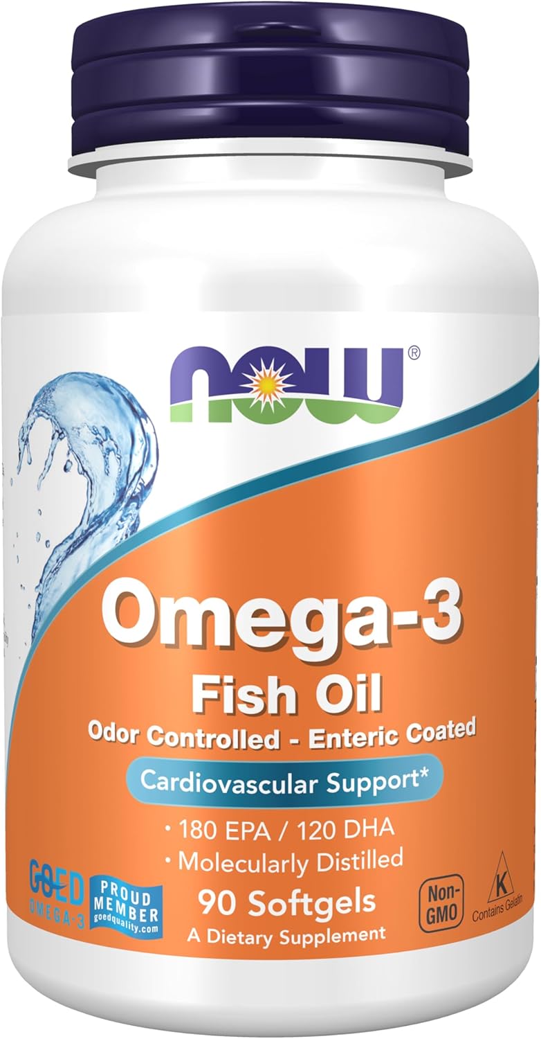 NOW Foods Omega-3 Enteric Coated Softgels, 180 EPA / 120 DHA, Cardiovascular Support, 90 Count