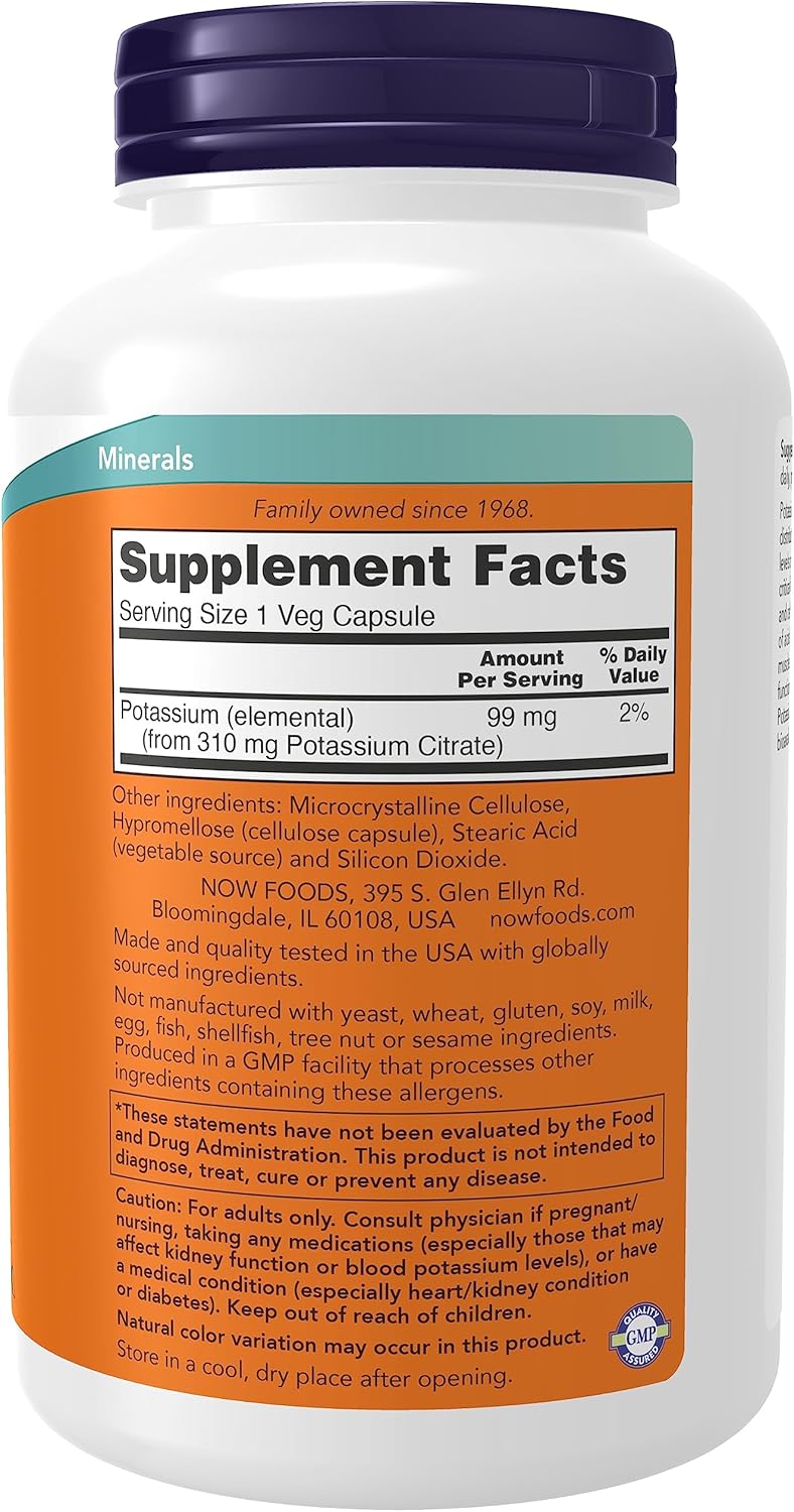 NOW Foods Potassium Citrate Capsules - 99 mg, Promotes Electrolyte Balance, Supports Normal pH Levels, Essential Mineral - 360 Veg Caps