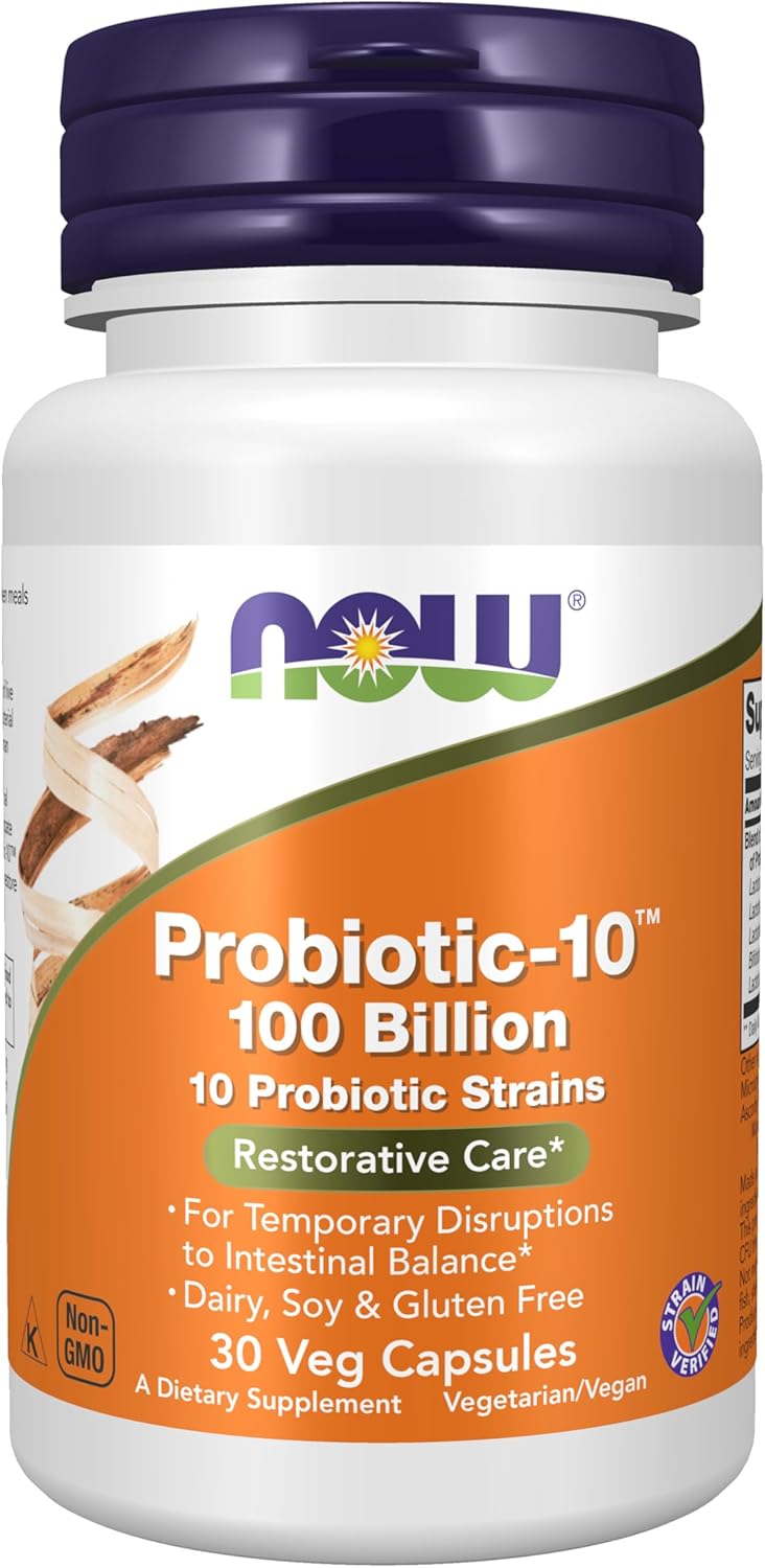 NOW Foods Probiotic-10™ 100 Billion with 10 Strains Dairy Soy Gluten Free 30 Veg Capsules