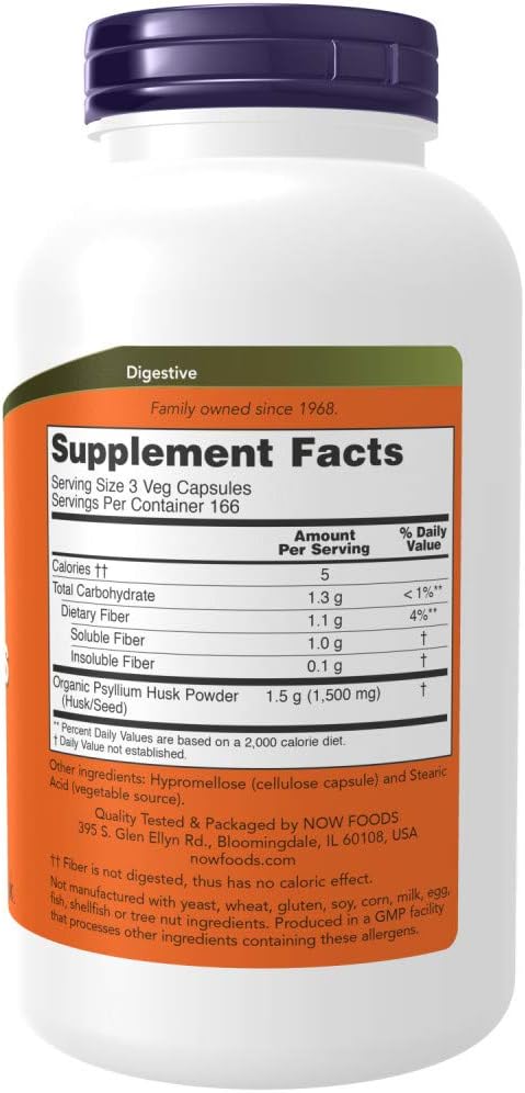 NOW Foods Psyllium Husk 500mg Capsules - 1000 Count (2 Bottles)