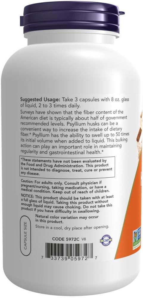 NOW Foods Psyllium Husk 500mg Capsules - 1000 Count (2 Bottles)
