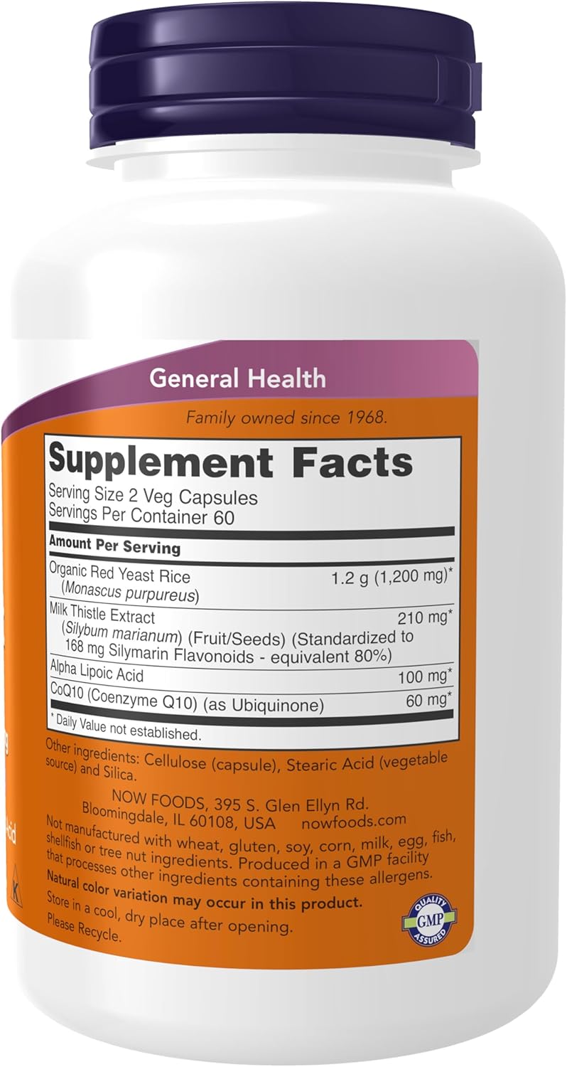 NOW Foods Red Yeast Rice with CoQ10, Milk Thistle, and Alpha Lipoic Acid - 120 Veg Capsules