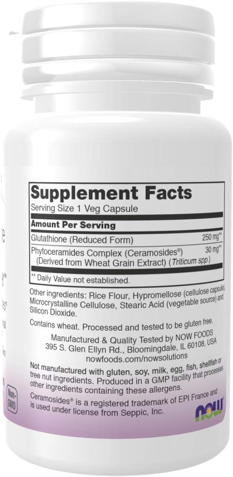 NOW Foods Solutions Glutathione Skin Brightener with Ceramosides, 30 Veg Capsules - Moisturizing and Illuminating Formula
