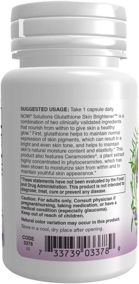 NOW Foods Solutions Glutathione Skin Brightener with Ceramosides, 30 Veg Capsules - Moisturizing and Illuminating Formula