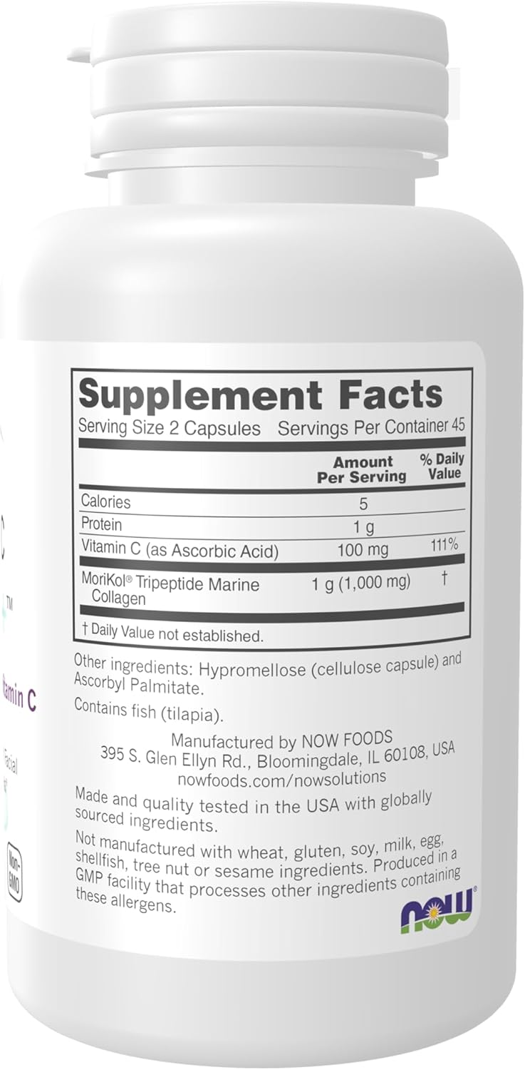 NOW Foods Solutions Marine Collagen & Vitamin C Capsules - Skin Youth Supplement, Non-GMO, 60 Count