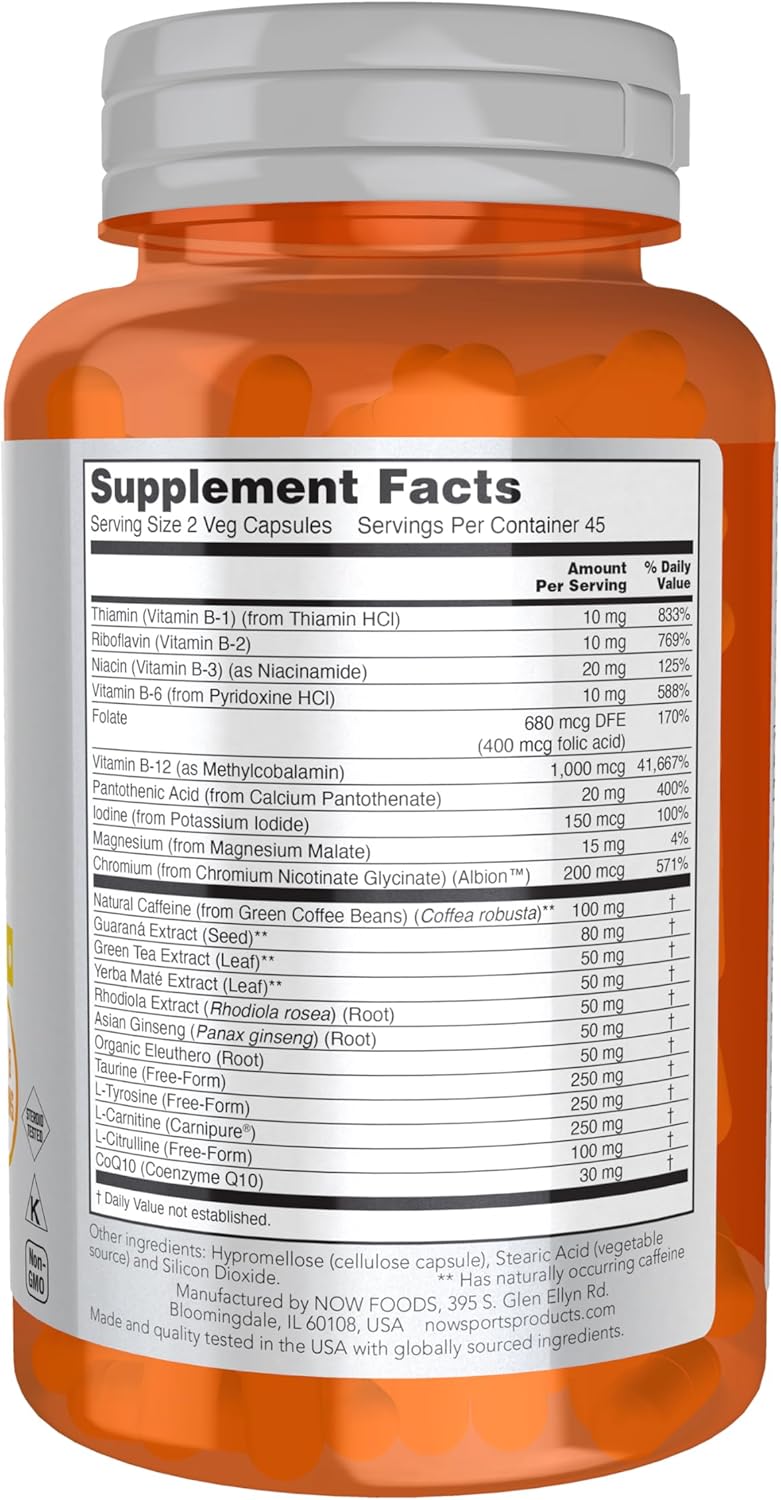 NOW Foods Sports Energy Extreme Supplement 90 Veg Capsules - Boost Energy with B Vitamins, Chromium, Magnesium Malate, Carnitine