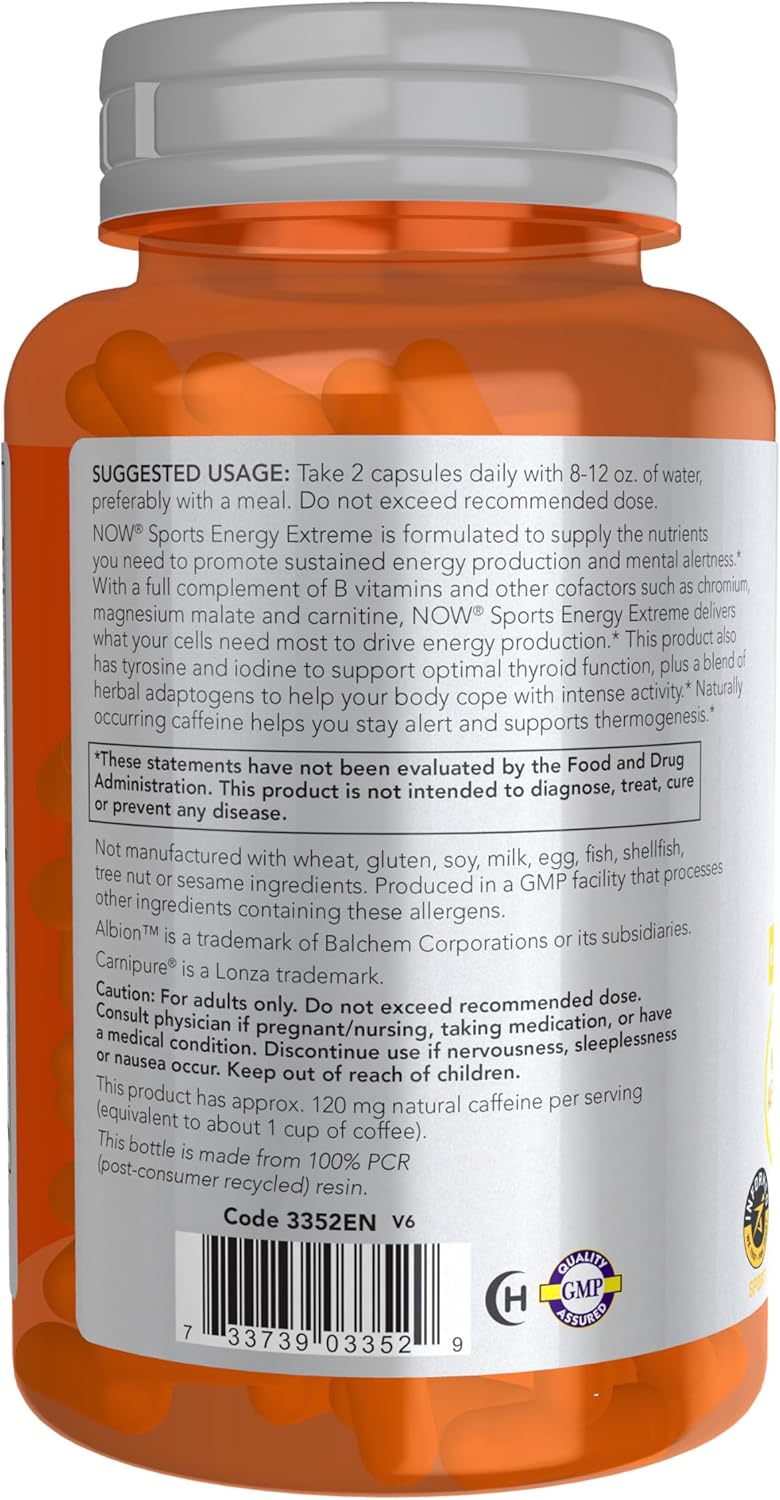 NOW Foods Sports Energy Extreme Supplement 90 Veg Capsules - Boost Energy with B Vitamins, Chromium, Magnesium Malate, Carnitine