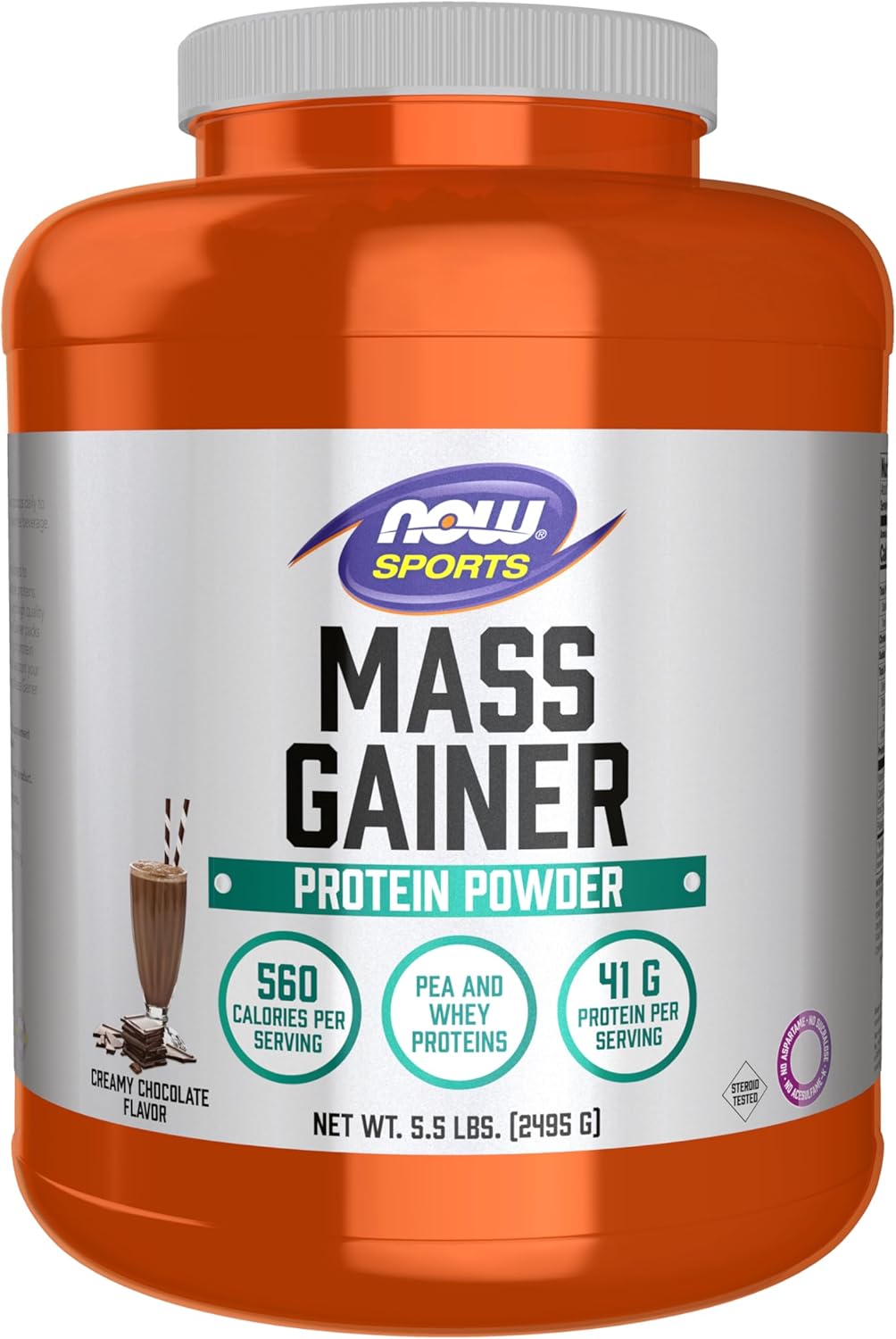 NOW Foods Sports Mass Gainer Protein Powder, Chocolate Pea & Whey Blend, 5.5 lbs.